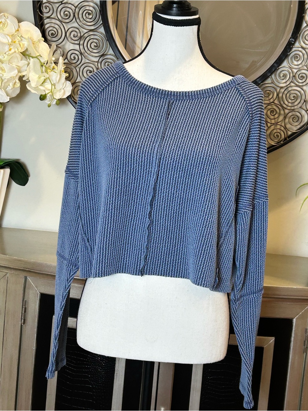 Altar'd State Dusty Blue Ribbed Knit Cropped Sweater